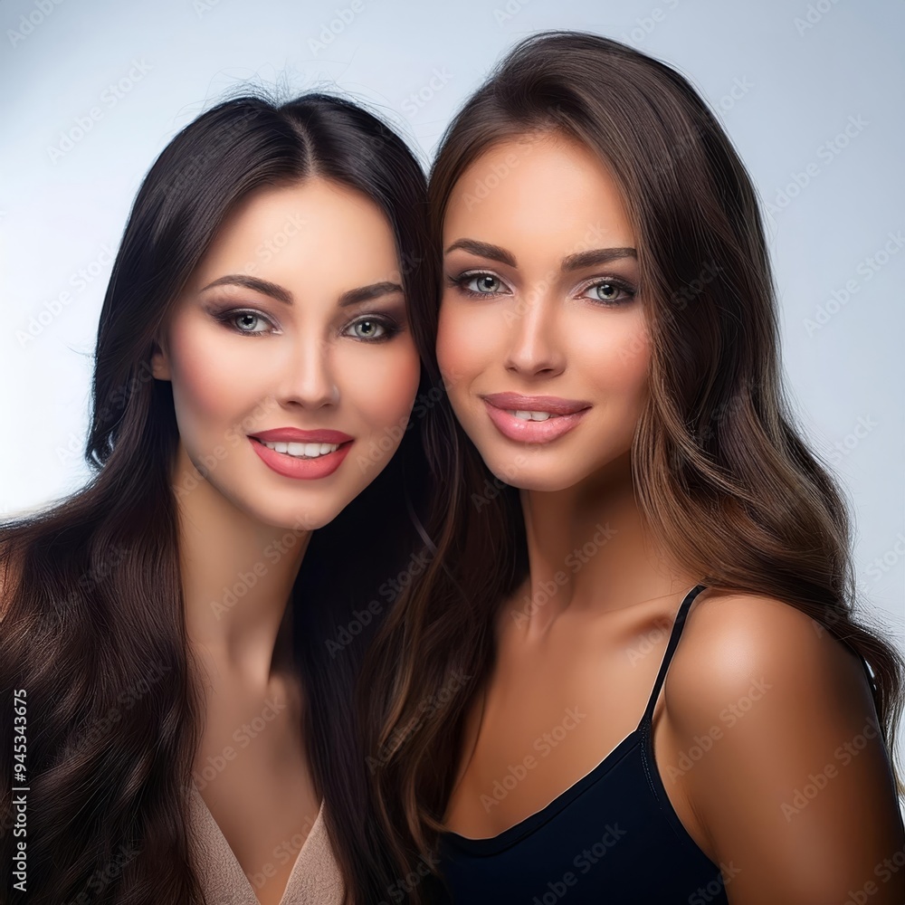 Two beautiful women are standing next to each other and happily smiling Two beautiful women are standing next to each other and happily smiling