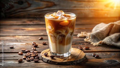 Frosted glass filled with rich, velvety coffee, ice cubes, and creamy white swirls, set against a warm, natural-textured wooden background and bright sunlight. photo