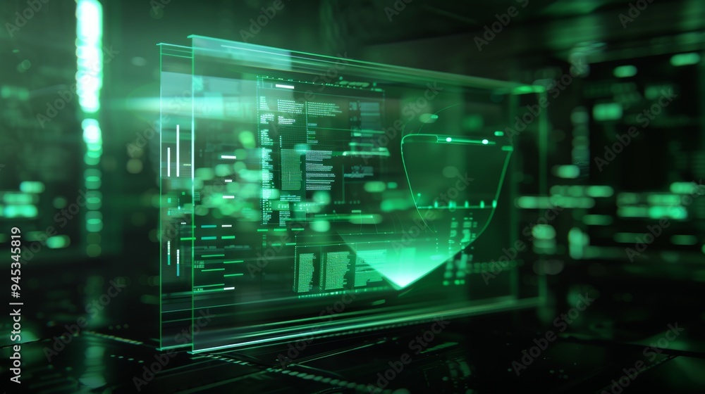 Surreal scene of green glass graphics and charts floating in zero gravity against black backdrop Surreal scene of green glass graphics and charts floating in zero gravity against black backdrop