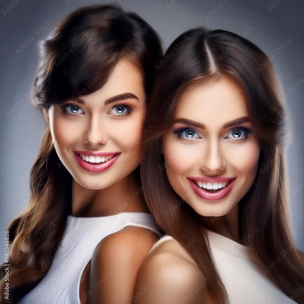 Two beautiful women are standing close to one another while smiling brightly, capturing a moment of joy and friendship together Two beautiful women are standing close to one another while smiling brightly, capturing a moment of joy and friendship together