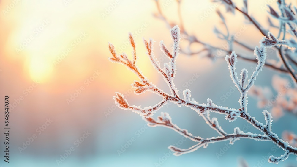 Obraz premium Frost covering the branches of a tree in the early morning, cold weather, winter beauty