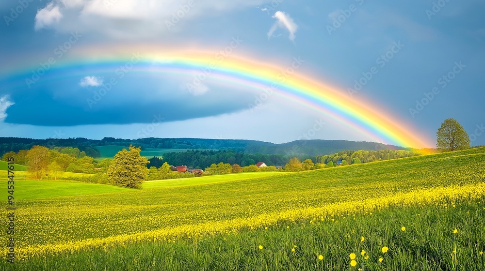 Rainbow Over Rolling Hills. A vibrant rainbow arches over lush green hills and fields, promising hope and beauty after a storm. The sun breaks through the clouds.Generative ai illustration Rainbow Over Rolling Hills. A vibrant rainbow arches over lush green hills and fields, promising hope and beauty after a storm. The sun breaks through the clouds.Generative ai illustration