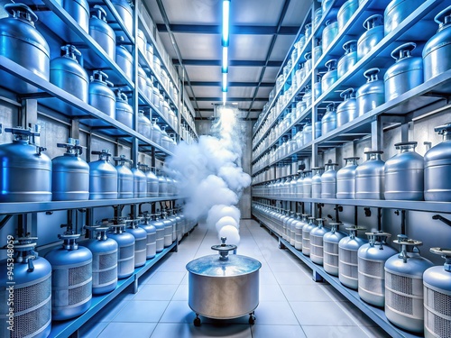 Frozen nitrogen vapor emanates from Dewar flasks containing frozen samples, stored in a modern laboratory's cryogenic storage facility, with rows of shelves and temperature gauges. photo