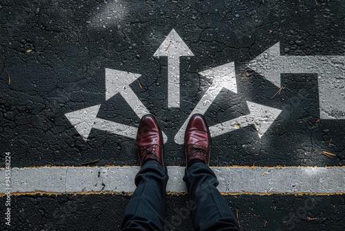 Businessman feet with many directions arrow on asphalt road. Choice, future and Business decision Concept Businessman feet with many directions arrow on asphalt road. Choice, future and Business decis photo