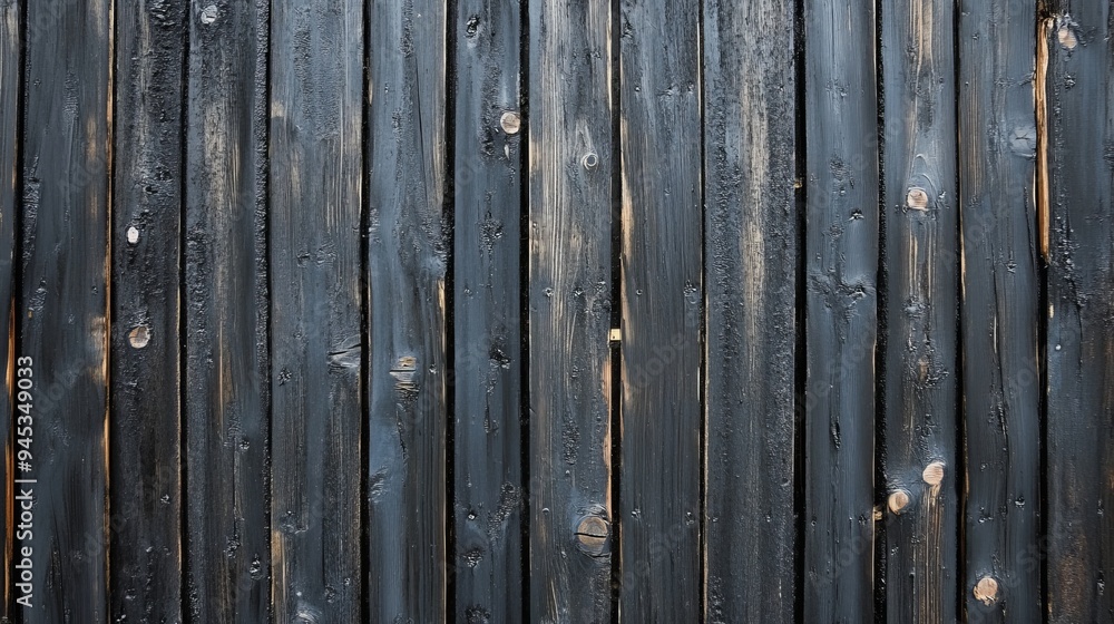 Black wooden planks arranged vertically in a rustic, textured wall setting Black wooden planks arranged vertically in a rustic, textured wall setting