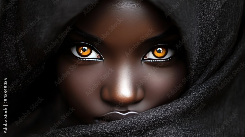 Woman with captivating brown eyes wrapped in a black veil during twilight Woman with captivating brown eyes wrapped in a black veil during twilight