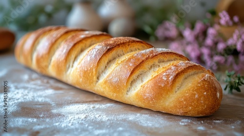 artisanal french baguette with a golden crispy crust and soft interior flour dusting and rustic backdrop highlight the traditional baking process and appetizing texture