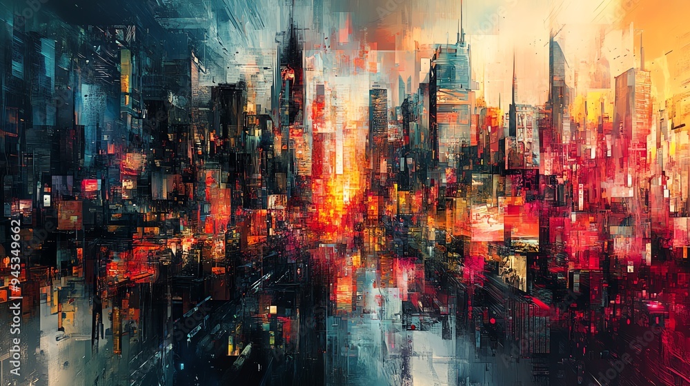 Fototapeta premium A vibrant abstract cityscape at sunset, featuring radiant colors and dynamic shapes, perfect for modern art enthusiasts.