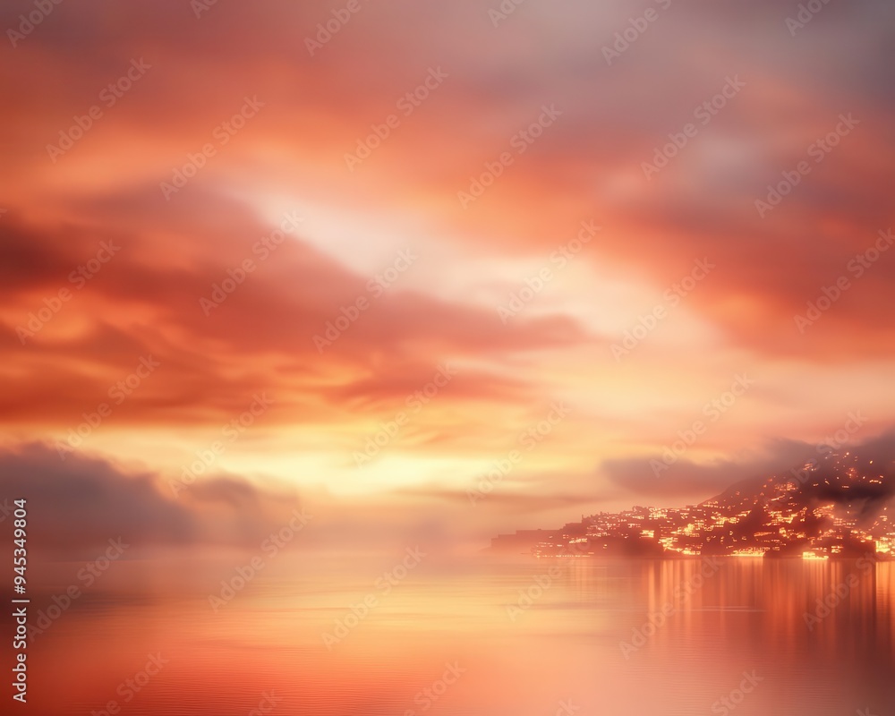 Atmospheric sunset over a coastal town, the sky ablaze with warm colors, a peaceful end to a vibrant day, horizon concept Atmospheric sunset over a coastal town, the sky ablaze with warm colors, a peaceful end to a vibrant day, horizon concept