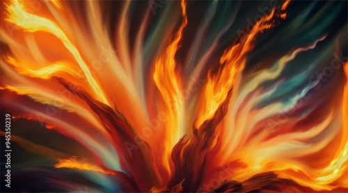 Abstract fire texture motion background. Yellow, red and orange flames glowing with hot burning. Explosion, nuclear bomb, flames burst on dark background.