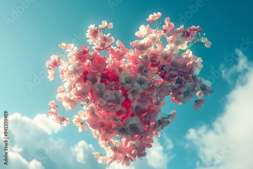 Heart-shaped arrangement of delicate pink flowers under a bright sky.