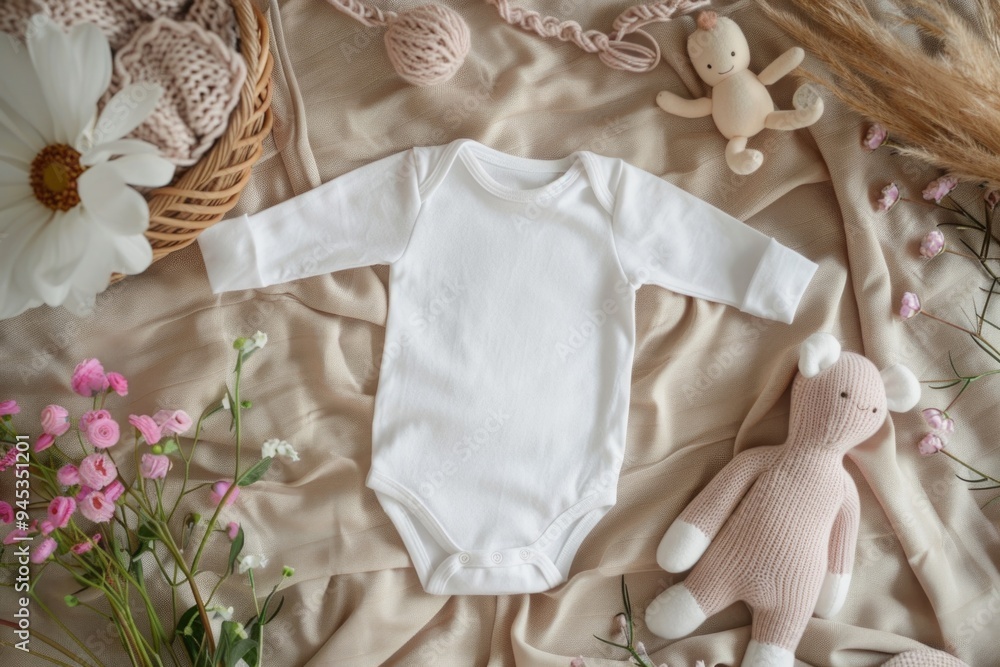 Newborn Baby White Long-Sleeve Bodysuit with Soft Toy Surroundings - Design for Print, Card, Poster Newborn Baby White Long-Sleeve Bodysuit with Soft Toy Surroundings - Design for Print, Card, Poster