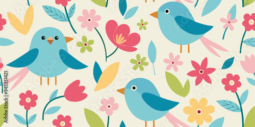 seamless pattern with birds and flowers