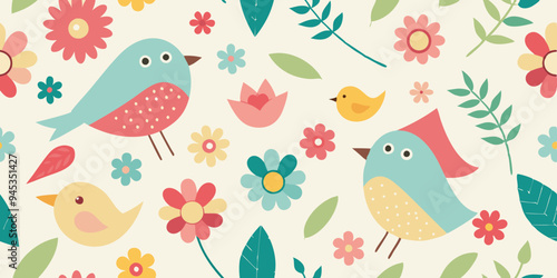 seamless pattern with birds and flowers