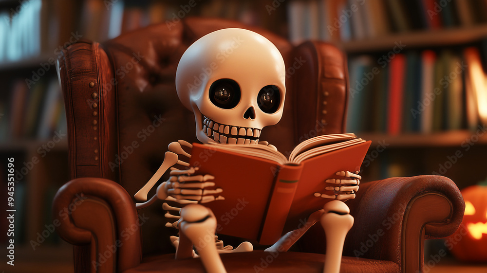 A cute little skeleton reading in an armchair on Halloween holiday A cute little skeleton reading in an armchair on Halloween holiday
