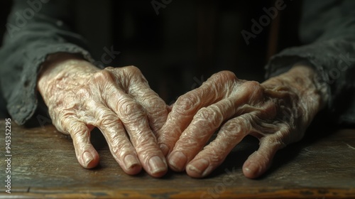 Close-up of aged hands resting on a wooden surface, showcasing texture and intricate details of life and experience.