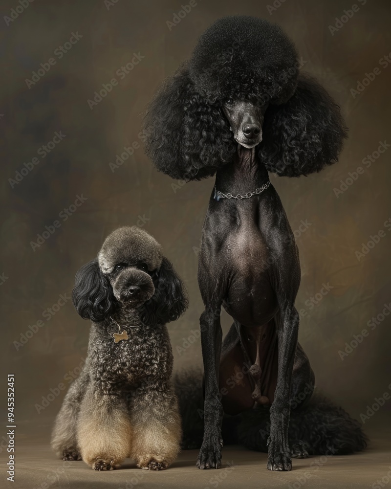 Two black poodles sitting on a brown background. Studio shot.