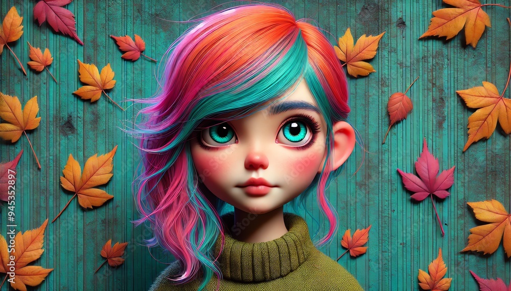 3D character portrait of a young girl with bright colored hair and large eyes 3D character portrait of a young girl with bright colored hair and large eyes