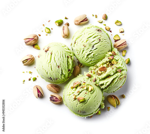Pistachio ice cream topped with nuts, treat on white background. Flat lay