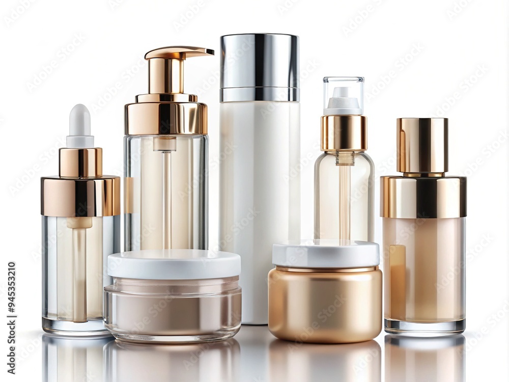Glass cosmetic bottles with sleek labels and cap designs, arranged on a clean white background, ideal for skincare and beauty product marketing visuals. Glass cosmetic bottles with sleek labels and cap designs, arranged on a clean white background, ideal for skincare and beauty product marketing visuals.