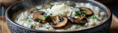 Delicious creamy risotto topped with sauteed mushrooms, herbs, and Parmesan cheese, perfect for a hearty meal. photo