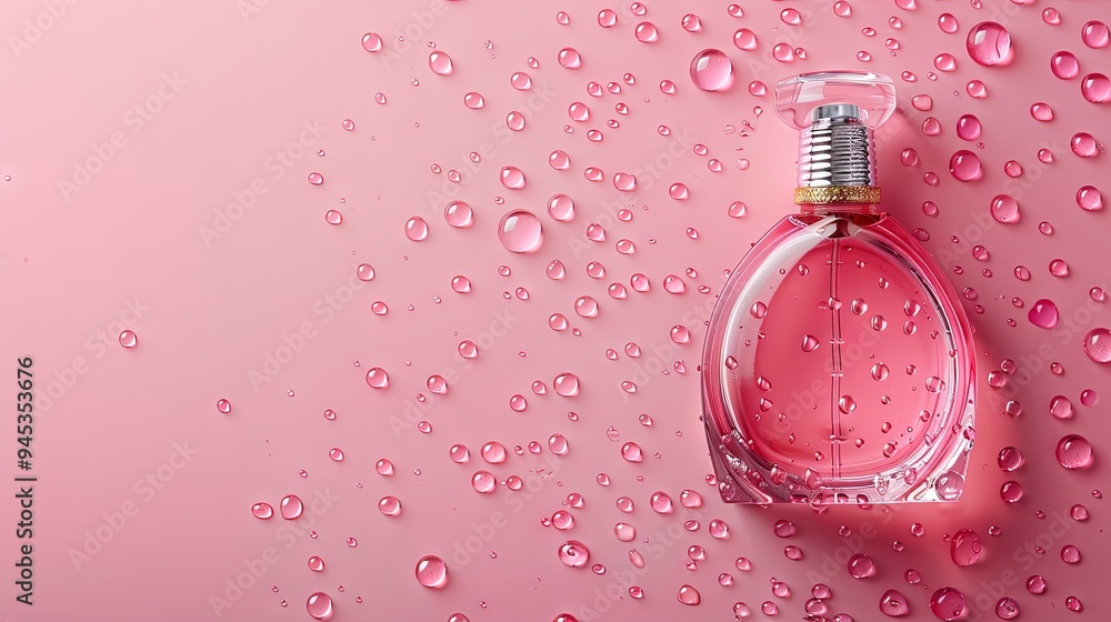 Perfume bottle on a pink background with water drops creating a stylish and elegant setting for a copy space image Perfume bottle on a pink background with water drops creating a stylish and elegant setting for a copy space image