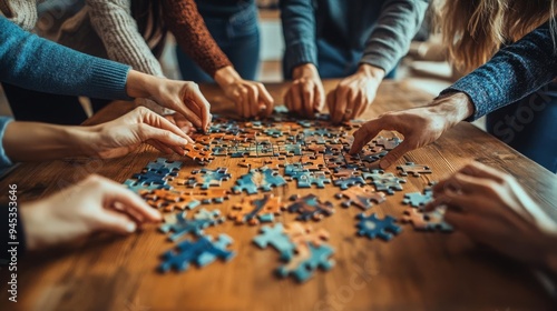 A group of friends working on a jigsaw puzzle on a coffee table, with pieces scattered around, warm tones, natural light, relaxed atmosphere, indoor setting