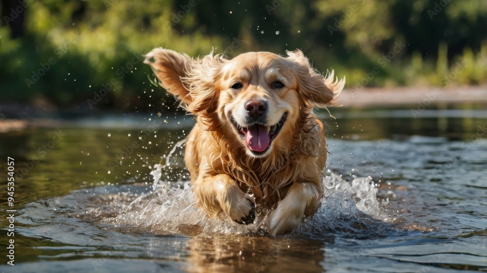 Happy golden retriever dog is running through the water in nature on a sunny day Happy golden retriever dog is running through the water in nature on a sunny day