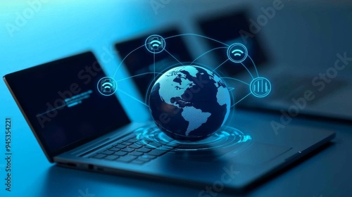 Blue Digital Background with Earth, Laptops, and Global Network Technology Icons