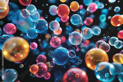 Set of four glass spheres with blue and orange reflections on a dark reflective surface.