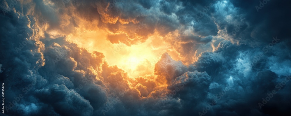 Dark clouds with the sun breaking through, stormy weather, dramatic lighting Dark clouds with the sun breaking through, stormy weather, dramatic lighting