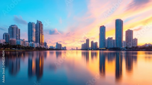 City skyline at dusk with glowing skyscrapers reflecting on a calm river, urban glowtime, serene and modern