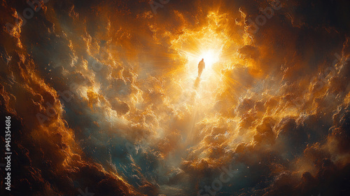 A dramatic portrayal of Jesus Christ return to the heavenly throne, with radiant light and ethereal clouds enhancing the divine and prophetic nature of the scene.