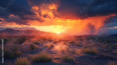 Desert landscape at dusk with a rare rainstorm approaching, emphasizing dramatic humidity contrast, hyper realistic