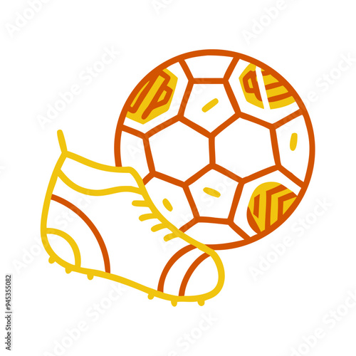Soccer ball and cleats illustration, sports equipment, orange and yellow tones