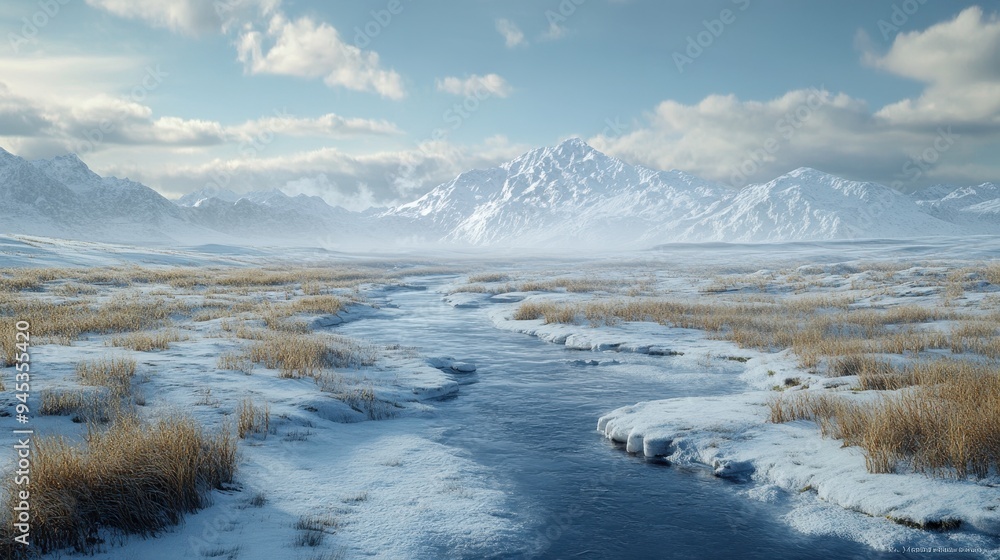 Frozen tundra with a thawing river, moisture from melting ice highlighting seasonal change, hyper realistic Frozen tundra with a thawing river, moisture from melting ice highlighting seasonal change, hyper realistic