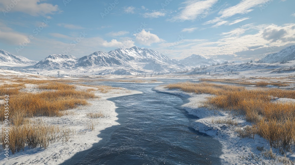 Frozen tundra with a thawing river, moisture from melting ice highlighting seasonal change, hyper realistic Frozen tundra with a thawing river, moisture from melting ice highlighting seasonal change, hyper realistic