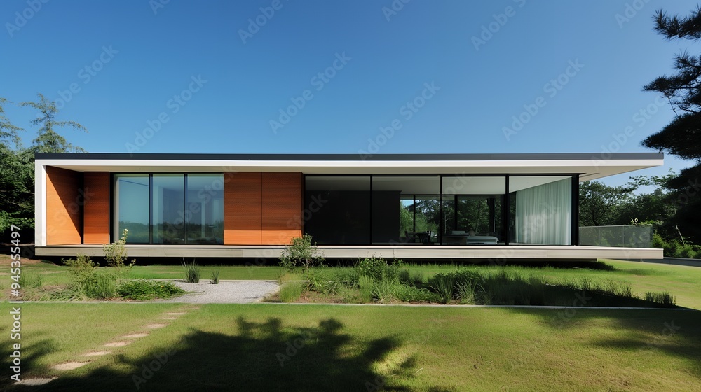 Modern single-story house with large windows, surrounded by greenery and a clear blue sky. Modern single-story house with large windows, surrounded by greenery and a clear blue sky.