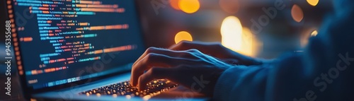 A close-up view of hands typing on a laptop with colorful code on the screen, capturing the essence of programming and creativity.