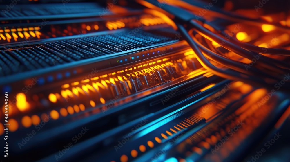 Glowing Network Cable in a Server Room Environment