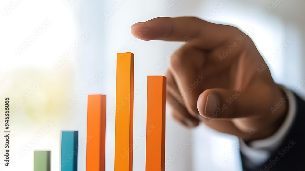 Successful Businessman Touching Upward Bar Graph - Corporate Growth and Stock Market Prosperity Concept on White Background Successful Businessman Touching Upward Bar Graph - Corporate Growth and Stock Market Prosperity Concept on White Background