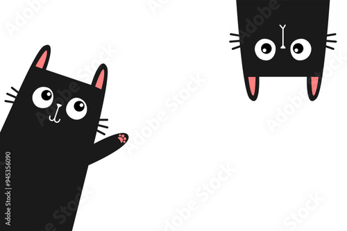 Black cat set. Waving hand. Pink paw print. Upside down face head. Cute cartoon kawaii funny sad character. Pet baby animal. Childish style. Flat design. White background Isolated. Vector illustration