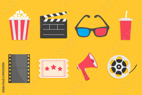Cinema icon set. Popcorn box Open clapper board Movie reel Ticket Admit one three stars. Soda glass straw, film strip, 3d glass, loud speaker. Simple Flat design. Yellow background Vector illustration