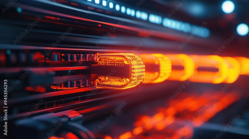 Glowing Network Cable in a Server Room Environment Glowing Network Cable in a Server Room Environment