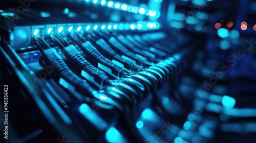 Glowing Network Cable in a Server Room Environment