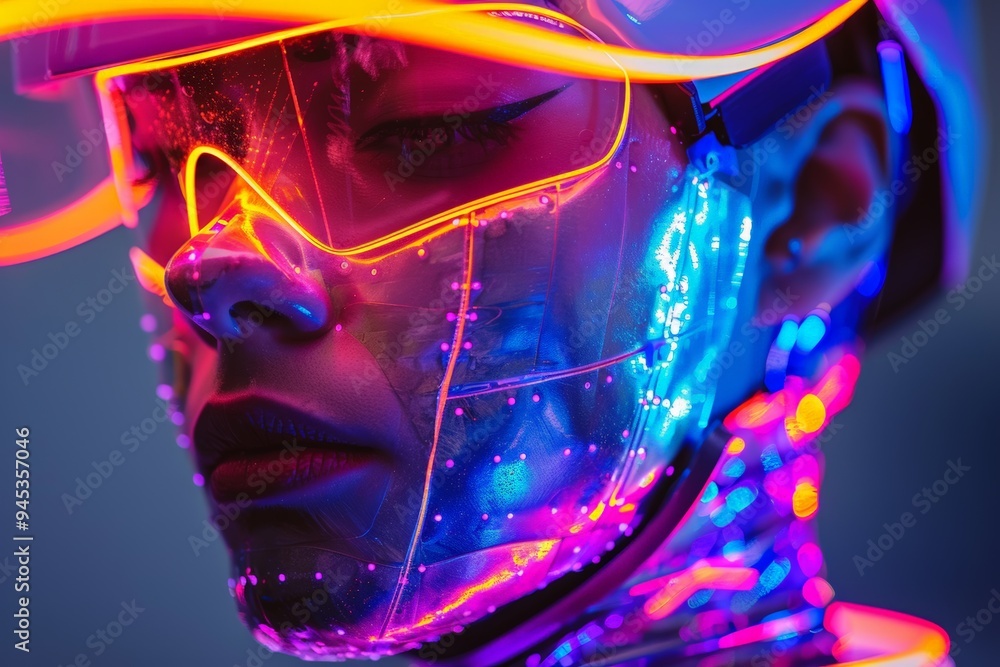 Futuristic close-up of a woman wearing neon-lit augmented reality glasses, immersed in a high-tech digital environment. Futuristic close-up of a woman wearing neon-lit augmented reality glasses, immersed in a high-tech digital environment.