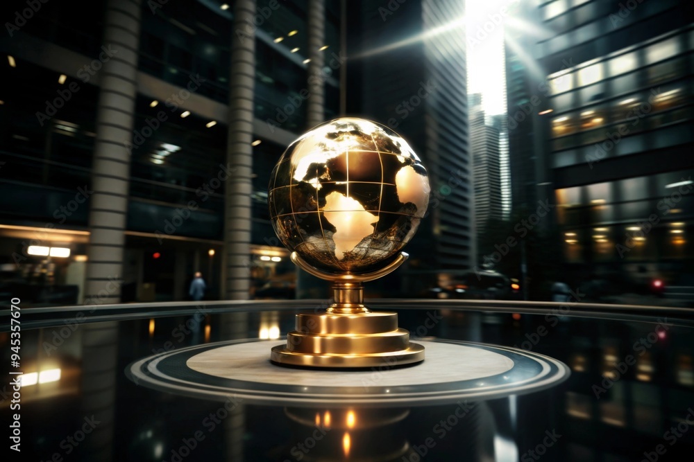 Golden Globe with Currency Symbols on a Pedestal Golden Globe with Currency Symbols on a Pedestal