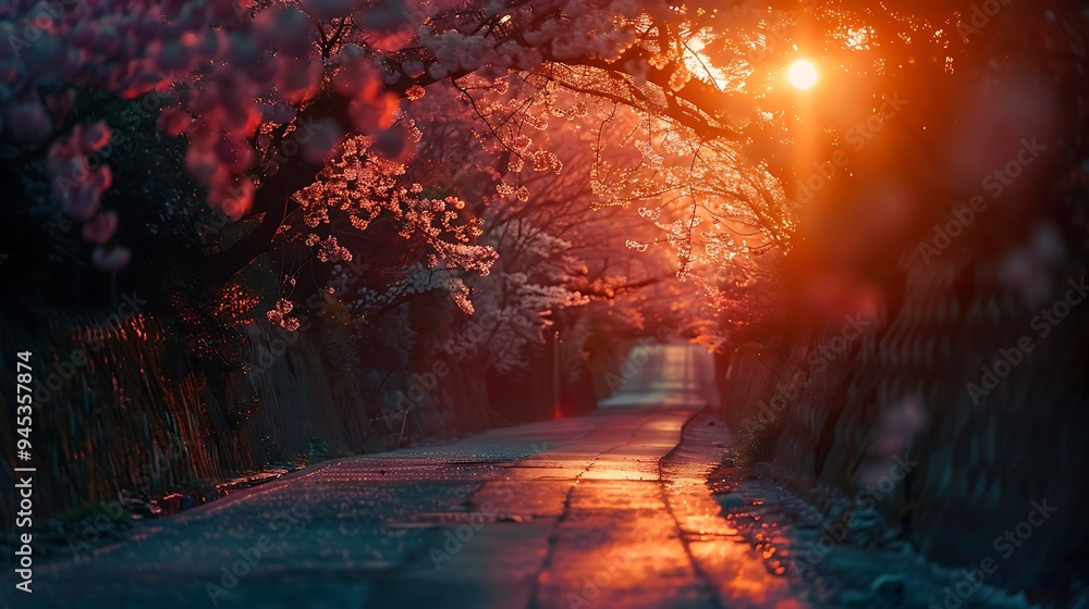 Golden Hour Pathway with Cherry Blossoms Golden Hour Pathway with Cherry Blossoms