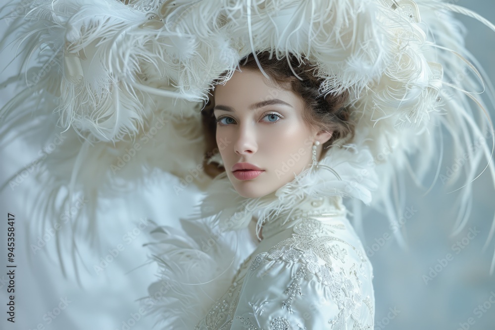 Elegant portrait of a woman wearing a luxurious feathered hat, showcasing a blend of vintage fashion and modern beauty. Elegant portrait of a woman wearing a luxurious feathered hat, showcasing a blend of vintage fashion and modern beauty.