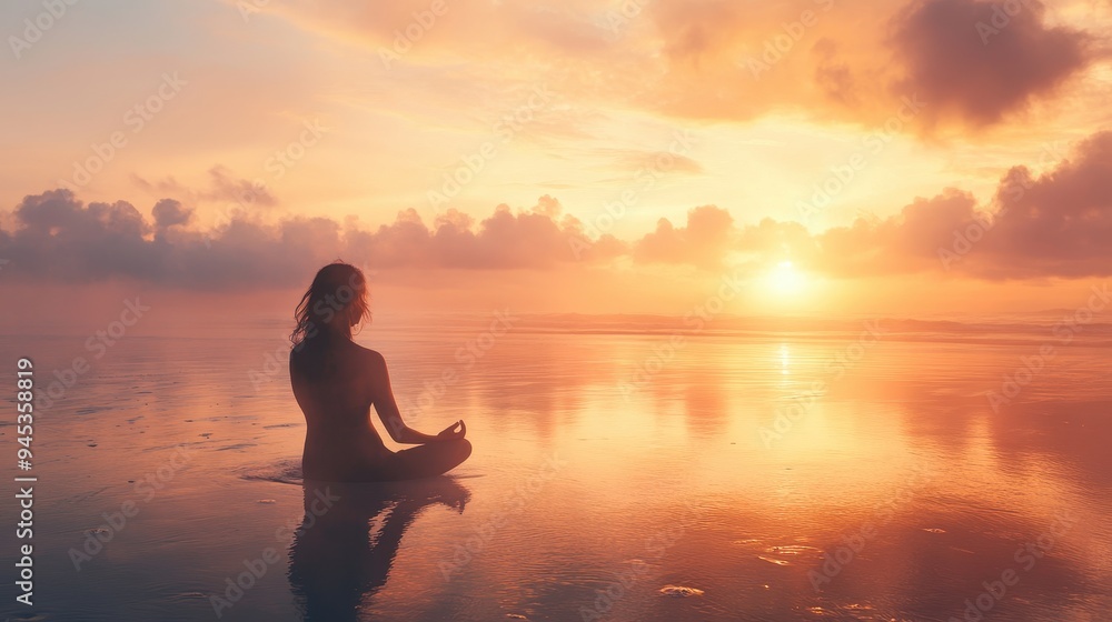 A serene silhouette of a woman meditating by the water during a vibrant sunset, evoking peace and tranquility. A serene silhouette of a woman meditating by the water during a vibrant sunset, evoking peace and tranquility.